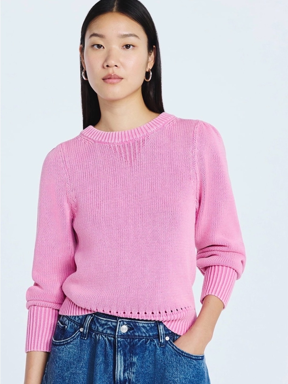 Scoop Women’s Acid Wash Cotton Sweater With Puff Sleeves in Pink. Size M (8-10)